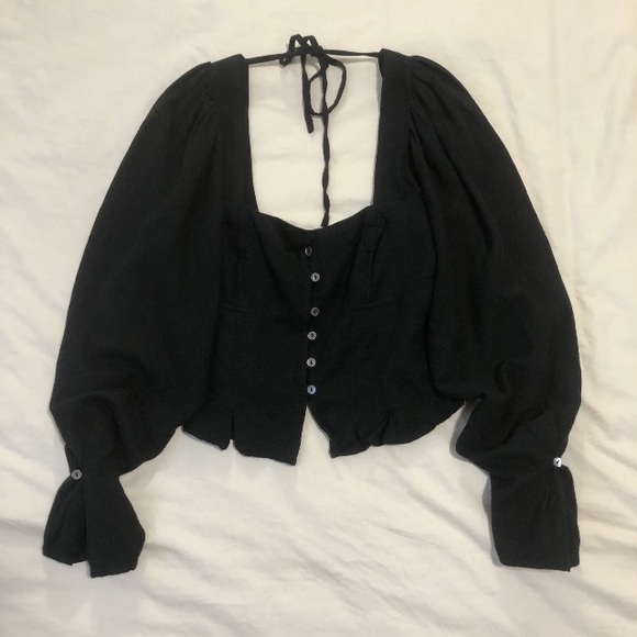 KHAITE BLACK BUTTON UP BUSTIER SHIRT CROPPED SQUARE NECK BLOUSE FULL SLEEVE - Picture 3 of 16